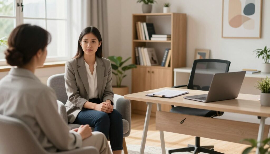 A serene psychiatrist's office, featuring a comfortable armchair and a modern desk with a laptop. In the foreground, a therapist, dressed in professional business attire, sits attentively, listening to a patient who is sitting across from them, expressing their thoughts. The room is softly illuminated by warm, natural light streaming in through large windows, illuminating soothing decor, such as plants and abstract artwork. In the background, a bookshelf filled with psychology books and resources is visible, conveying a sense of academic support. The atmosphere is calm and inviting, suggesting a place where healing and understanding take place, emphasizing the compassionate aspect of psychiatric treatment. The perspective should be slightly angled to capture the interaction between the therapist and the patient, enhancing the feeling of connection.