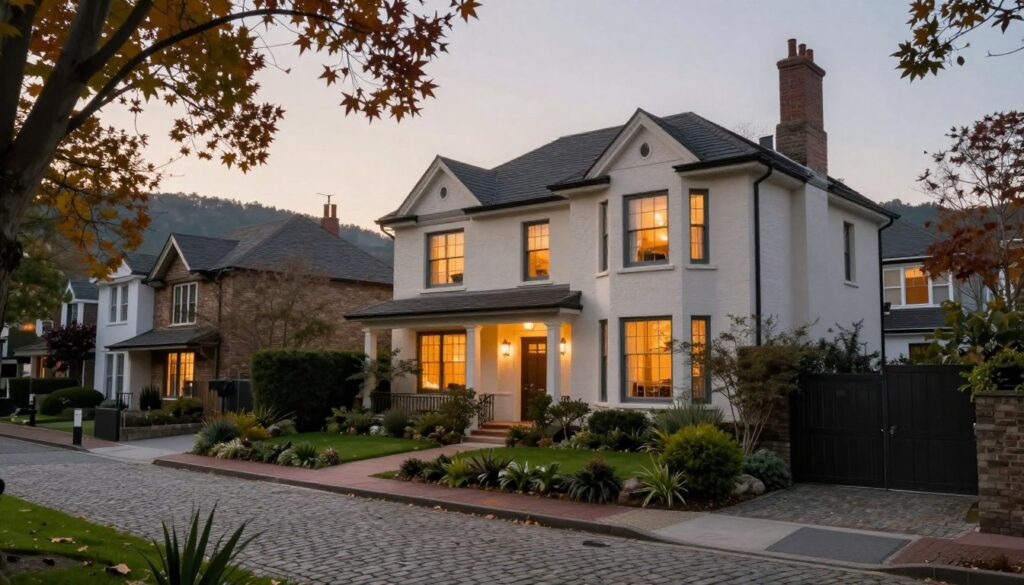 A serene residential neighborhood at dusk, showcasing an elegant, well-kept home that reflects historical architecture, combining elements of tradition and modernity. In the foreground, a path lined with lush greenery leads to the entrance, where subtle warm lighting from the windows casts a welcoming glow. The middle ground features a cobblestone street, hinting at the area’s rich history, with trees bearing autumn leaves adding splashes of color. In the background, faint outlines of rolling hills create a peaceful ambiance. Capture this setting with a soft focus lens, emphasizing the warmth and nostalgia of the location, evoking a sense of political legacy and personal history. The atmosphere should be calm, inviting reflection on the journey of its inhabitant. A serene residential neighborhood at dusk, showcasing an elegant, well-kept home that reflects historical architecture, combining elements of tradition and modernity. In the foreground, a path lined with lush greenery leads to the entrance, where subtle warm lighting from the windows casts a welcoming glow. The middle ground features a cobblestone street, hinting at the area’s rich history, with trees bearing autumn leaves adding splashes of color. In the background, faint outlines of rolling hills create a peaceful ambiance. Capture this setting with a soft focus lens, emphasizing the warmth and nostalgia of the location, evoking a sense of political legacy and personal history. The atmosphere should be calm, inviting reflection on the journey of its inhabitant.