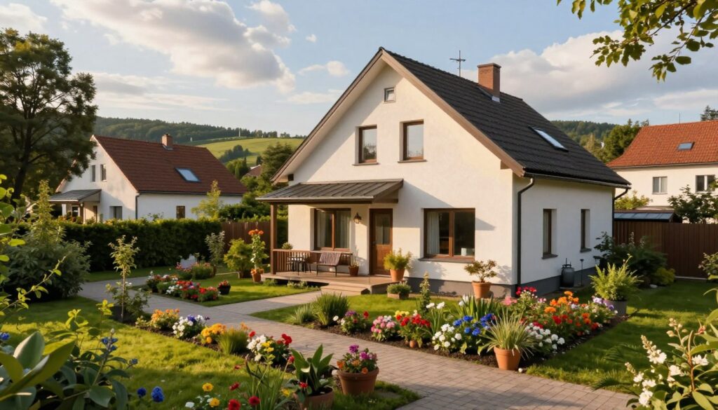 A serene residential scene in Piaseczno, Poland, showcasing a cozy suburban home with a charming garden filled with colorful flowers. In the foreground, a well-kept pathway leads to the entrance, flanked by lush greenery. The middle layer features a modern yet inviting house with large windows and a welcoming front porch, adorned with potted plants. In the background, rolling hills and gentle clouds create a picturesque sky, bathed in warm afternoon sunlight. The atmosphere is peaceful and idyllic, reflecting a quiet life away from the bustling Warsaw city scene. Use a slightly elevated angle to capture the entire house and garden, enhancing the tranquil ambiance and homely feel.
