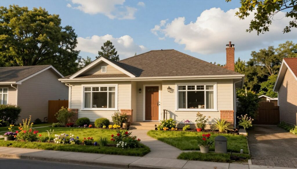 A serene residential setting reflecting the calm daily life of Edward Wełpa, showcasing a cozy suburban home. In the foreground, a well-maintained garden with colorful flowers and a small pathway leading to the front door. The middle ground features the charming single-story house with a welcoming facade, large windows letting in warm sunlight. In the background, tall trees provide a sense of tranquility, while a blue sky with fluffy white clouds enhances the peaceful atmosphere. Soft, natural lighting casts gentle shadows, accentuating the warmth of the scene. The angle is slightly elevated, offering a comprehensive view of the property, evoking a sense of comfort and belonging. The overall mood is inviting and serene, capturing the essence of everyday life in this neighborhood.