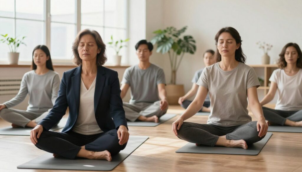 A serene scene depicting a diverse group of individuals practicing breathing techniques to manage stress, set in a tranquil indoor environment. In the foreground, a middle-aged woman in business attire sits cross-legged on a yoga mat, her eyes closed and hands resting on her knees, embodying calmness and focus. Beside her, a young man in modest casual clothing follows her lead, also in a meditative pose. In the middle ground, soft natural light filters through large windows, casting gentle shadows and creating a peaceful atmosphere. In the background, plants and calming decor enhance the ambiance, emphasizing relaxation and emotional control. The overall mood is one of tranquility and mindfulness, inviting viewers to connect with the practice of breathwork as a tool for stress relief.