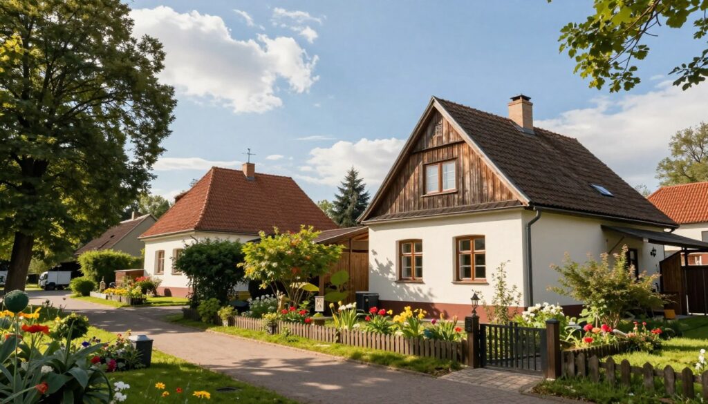 A serene scene depicting a peaceful residential area of Skolimów, Poland, where the celebrated artist Irena Santor might reside. In the foreground, visualize a cozy house with a charming garden, filled with vibrant flowers and greenery, symbolizing health and tranquility. In the middle, include soft, gentle sunlight filtering through lush trees, creating dappled shadows on the path leading to the house. In the background, a clear blue sky with wispy clouds enhances the uplifting atmosphere. The overall mood is calm and inviting, ideal for an artist seeking a nurturing environment. Use soft, natural lighting and a wide-angle perspective to capture the essence of this peaceful locality.