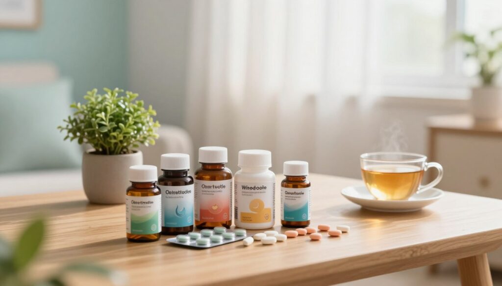 A serene scene depicting a well-organized health setting focused on over-the-counter calming tablets. In the foreground, a selection of colorful, neatly arranged pill bottles labeled with tranquil imagery representing stress relief. The middle ground features a wooden table with natural elements, like a small potted plant and a soothing cup of herbal tea for an inviting touch. In the background, a softly lit, airy room with light pastel colors and gentle sunlight filtering through sheer curtains creates a calming atmosphere. The overall mood is peaceful and comforting, designed to evoke a sense of tranquility and wellness, with no humans present, allowing viewers to focus on the calming products.