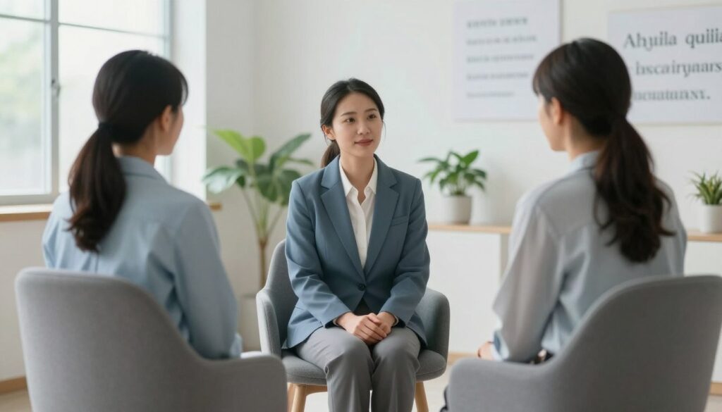 A serene scene in a bright, airy therapy room, with a comfortable chair positioned in the foreground, symbolizing a safe space for healing. In the middle, a therapist, dressed in smart professional attire, is attentively listening to a patient, who is seated across from them; both have compassionate expressions. Soft, natural light floods the room through large windows, emphasizing a calm atmosphere. A plant sits in the corner, complementing the soothing color palette of soft blues and greens. In the background, blurred images of motivational quotes on the wall can be faintly seen, reinforcing the theme of hope and recovery. The overall mood conveys warmth, support, and a sense of optimism towards the healing journey of anxiety and depression. A serene scene in a bright, airy therapy room, with a comfortable chair positioned in the foreground, symbolizing a safe space for healing. In the middle, a therapist, dressed in smart professional attire, is attentively listening to a patient, who is seated across from them; both have compassionate expressions. Soft, natural light floods the room through large windows, emphasizing a calm atmosphere. A plant sits in the corner, complementing the soothing color palette of soft blues and greens. In the background, blurred images of motivational quotes on the wall can be faintly seen, reinforcing the theme of hope and recovery. The overall mood conveys warmth, support, and a sense of optimism towards the healing journey of anxiety and depression.