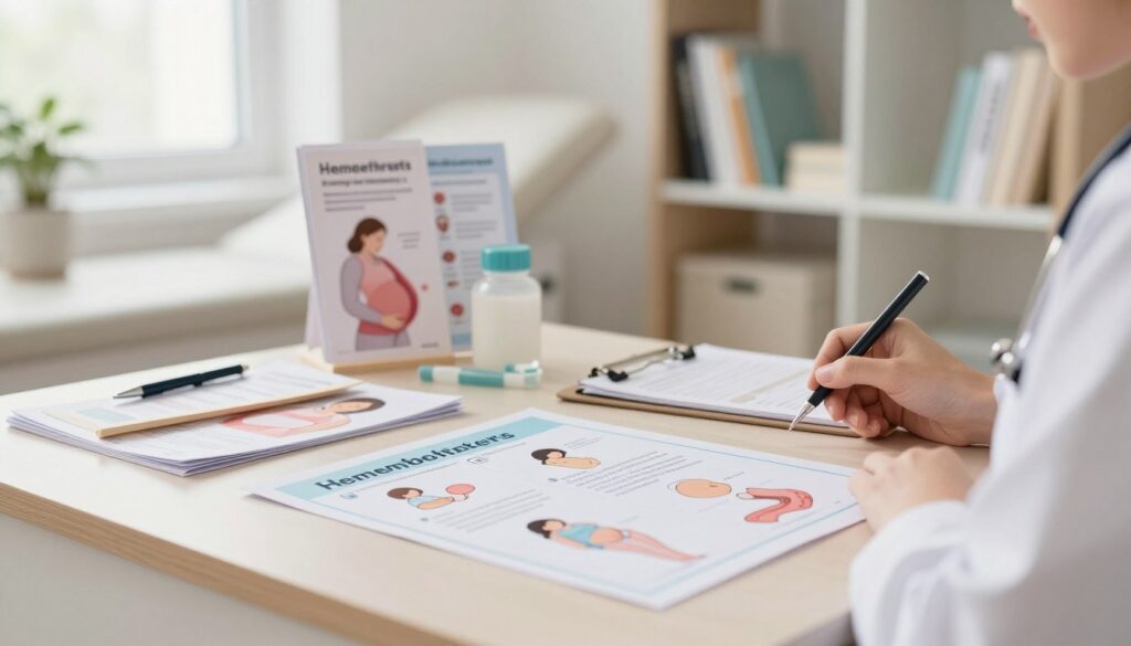 A serene, softly lit doctor's office, focused on the theme of pregnancy and health. In the foreground, a chart depicting common symptoms of hemorrhoids during pregnancy, illustrated with clear and informative diagrams. The middle ground features a tasteful arrangement of medical tools and healthy pregnancy brochures. In the background, a shelf filled with medical books and calm, natural light coming through a window, creating an inviting atmosphere. The color palette should be soothing, incorporating soft pastels to evoke comfort and support. Capture the essence of understanding and professionalism, avoiding any distressing imagery while ensuring a safe and informative tone. No human subjects present to maintain focus on the educational materials. Full image composition should be balanced and focused on the subject matter.