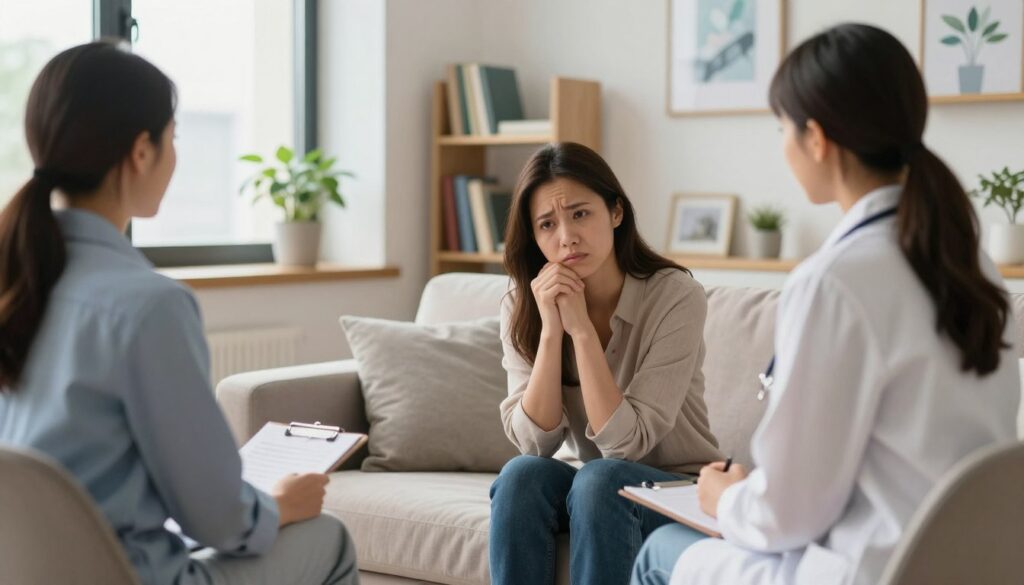 A serene, softly lit doctor's office with a modern aesthetic. In the foreground, a professional therapist, dressed in smart casual attire, attentively observes a woman in her mid-30s, who is sitting on a comfortable couch, looking anxious and thoughtful. Her posture expresses a mix of tension and vulnerability as she clutches her hands together. The therapist's warm expression conveys empathy and understanding. In the middle ground, a window lets in gentle natural light, illuminating plants and calming décor, creating an inviting atmosphere. The background features shelves with mental health books and framed art that reflects tranquility, enhancing the mood of a supportive environment. The overall composition should evoke a sense of exploration and understanding of stress-related symptoms.