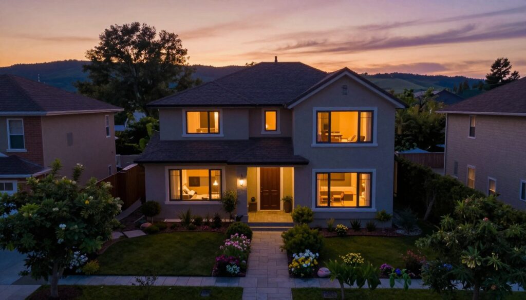 A serene suburban neighborhood at dusk, featuring a charming two-story house that is partially hidden behind lush greenery. In the foreground, a well-manicured garden with colorful flowers and a stone pathway leads to the front door, suggesting a welcoming atmosphere. In the middle ground, the house showcases modern architectural elements with large windows reflecting the soft warm glow of interior lights, revealing glimpses of cozy living spaces. The background includes gently rolling hills and a twilight sky painted in hues of orange and purple, enhancing a sense of tranquility. Use a slightly aerial perspective to capture the essence of the location, while maintaining a warm, inviting mood. The scene should convey a sense of everyday life, subtly hinting at the online personas associated with the house, without showing any people.
