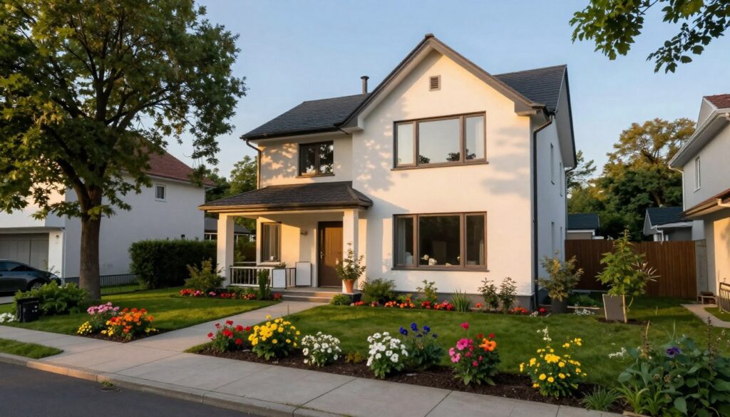 A serene suburban neighborhood scene showcasing a modest, stylish home with a well-maintained garden, reflecting the personality of Krzysztof Grządziel. In the foreground, a pathway lined with vibrant flowers leads to the entrance, symbolizing warmth and privacy. In the middle ground, the house features large windows, allowing soft natural light to spill out, creating an inviting atmosphere. The architectural style is modern yet cozy, surrounded by lush trees that suggest a peaceful retreat from the bustling city life. In the background, a clear blue sky enhances the tranquil mood. The image is captured during golden hour, casting a warm glow over the scene, emphasizing themes of home and personal space.