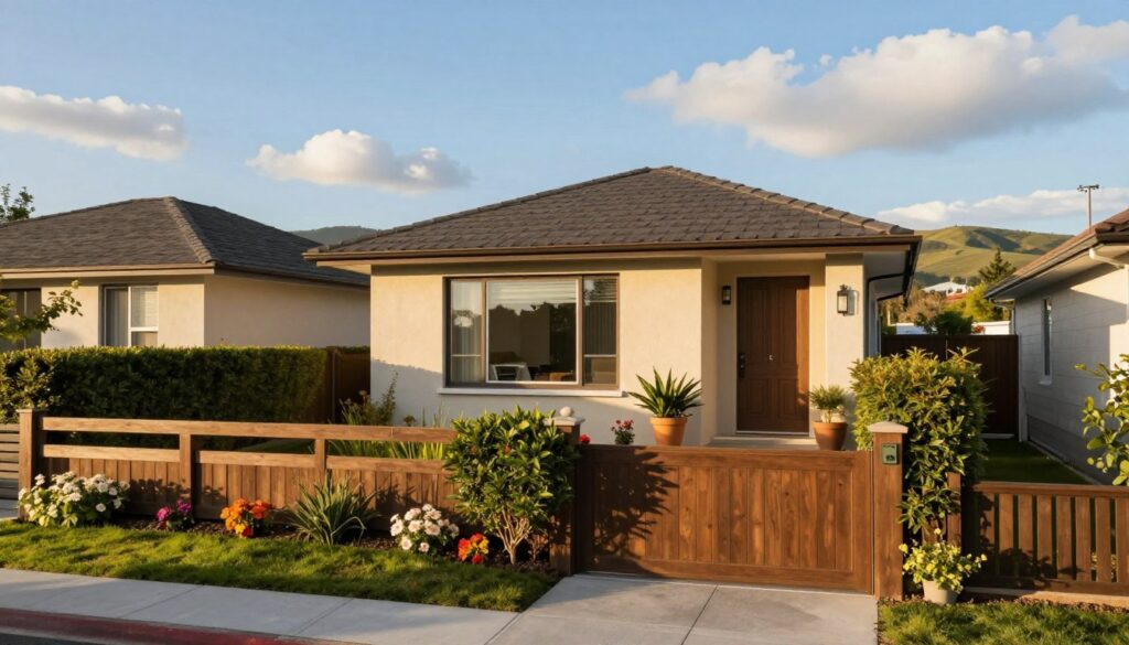 A serene suburban setting depicting a modern residential house, showcasing landscaping with neatly trimmed hedges and vibrant flowerbeds. In the foreground, a wooden fence and a pathway leading to the front door. The middle area features the house with large windows reflecting sunlight, and a small porch adorned with potted plants. In the background, gentle rolling hills under a clear blue sky with soft, fluffy clouds. The scene is illuminated by warm afternoon sunlight, creating a welcoming atmosphere. The mood is peaceful and inviting, emphasizing a sense of community and stability. Ensure no people are depicted in the scene, maintaining a focus on the house and its surroundings. A serene suburban setting depicting a modern residential house, showcasing landscaping with neatly trimmed hedges and vibrant flowerbeds. In the foreground, a wooden fence and a pathway leading to the front door. The middle area features the house with large windows reflecting sunlight, and a small porch adorned with potted plants. In the background, gentle rolling hills under a clear blue sky with soft, fluffy clouds. The scene is illuminated by warm afternoon sunlight, creating a welcoming atmosphere. The mood is peaceful and inviting, emphasizing a sense of community and stability. Ensure no people are depicted in the scene, maintaining a focus on the house and its surroundings.