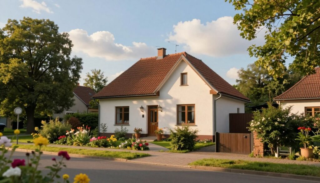 A serene suburban street in Poland featuring a charming, modest home with a well-kept garden, reflecting Andrzej Poniedzielski's private life. The foreground showcases vibrant flowers and a small pathway leading to the front door, enhancing the welcoming yet private atmosphere. In the middle ground, the quaint house is surrounded by lush trees, providing a sense of seclusion. The background includes a clear blue sky with soft, fluffy clouds. The scene is bathed in warm, golden-hour lighting, creating a tranquil mood. A subtle lens blur at the edges draws attention to the house as the focal point, evoking a sense of curiosity and respect for the artist's privacy. The image should feel peaceful and inviting, embodying the essence of a private artist's sanctuary.