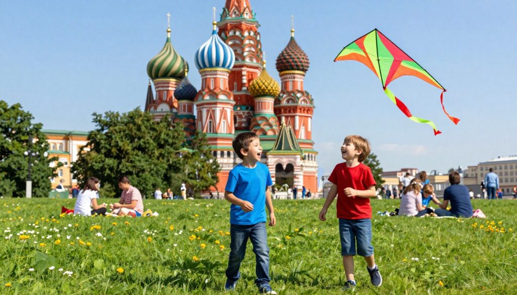 A serene summer day in a vibrant Moscow park, featuring Vlad and Nikita, two young brothers capturing the joy of childhood. In the foreground, Vlad with short dark hair wearing a bright blue t-shirt, and Nikita with light brown hair in a red t-shirt, both are laughing and playing with a colorful kite. The middle ground captures lush green grass dotted with flowers, where families are enjoying picnics. In the background, iconic Moscow architecture like the colorful domes of St. Basil's Cathedral can be seen, under a clear blue sky. The composition is bright and inviting, captured from a slightly low angle to emphasize the boys' playful energy. The mood is cheerful and warm, reflecting a perfect day in their city.