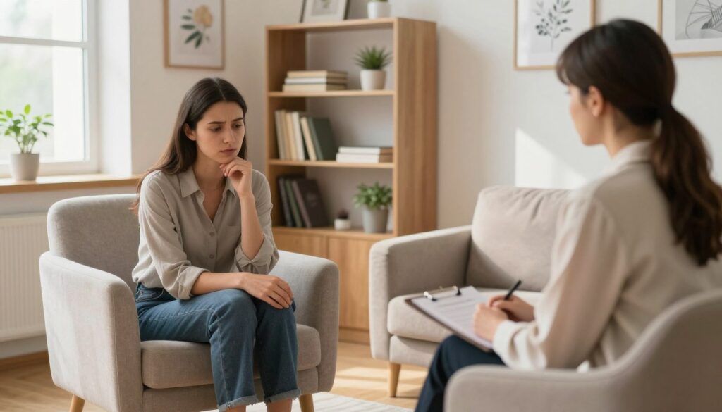 A serene therapy office setting, featuring a comfortable armchair and a soft, inviting couch in a warm, well-lit room. In the foreground, a knowledgeable psychologist, dressed in professional attire, is engaging thoughtfully with a patient sitting on the couch. The patient appears contemplative, dressed in modest casual clothing, reflecting the depth of their feelings. In the middle, bookshelves filled with psychology books and calming artwork adorn the walls, while a small plant adds a touch of nature. In the background, a window lets in soft, natural light, casting gentle shadows that enhance the peaceful atmosphere. The image should evoke a sense of safety, empathy, and hope, capturing the essence of seeking help in mental health treatment.