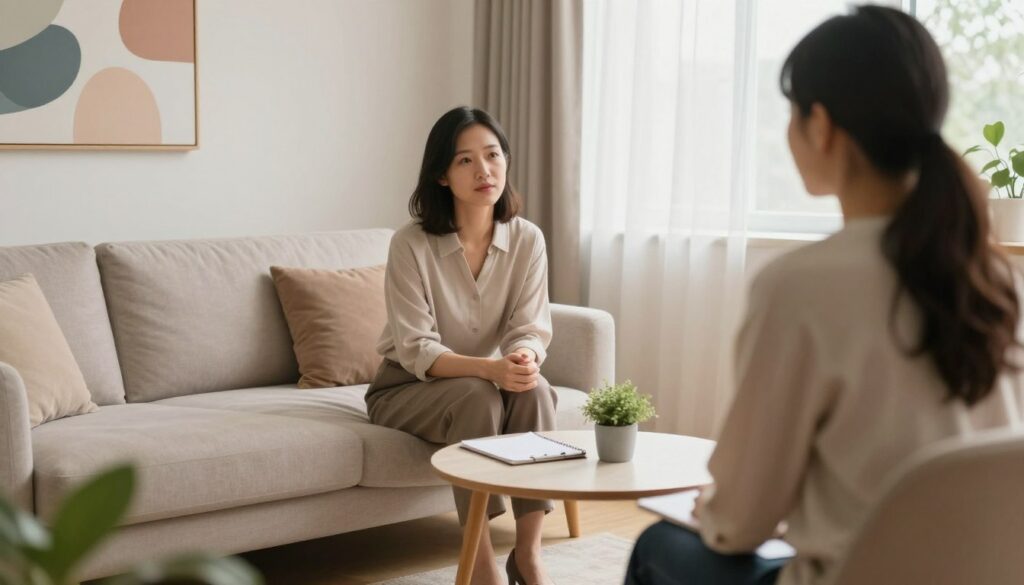 A serene therapy room designed for psychotherapy sessions, featuring a comfortable sofa in soft, neutral tones in the foreground. On the wall, calming artwork depicting abstract shapes in soothing colors. A small, round coffee table with a notepad and a plant rests nearby. In the middle ground, a professional therapist sits attentively in a modest outfit, actively listening to a patient (also dressed in smart casual attire), who appears reflective and engaged. The background features soft natural light filtering through a window with sheer curtains, creating a warm and inviting atmosphere. The composition should evoke a sense of safety, support, and emotional openness. Use a soft focus lens to convey warmth and intimacy in the interaction.
