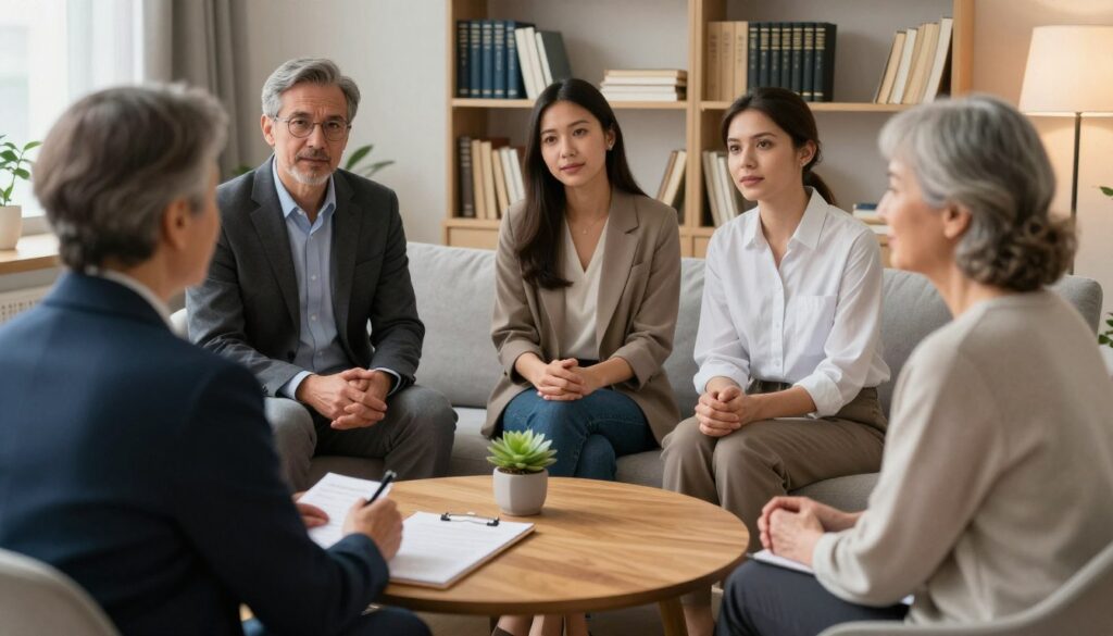A serene therapy room setting with a cozy atmosphere, featuring a psychologist, psychiatrist, and psychotherapist engaged in a supportive conversation. In the foreground, a round wooden table holds notes and a calming plant. The middle layer shows the three professionals: a middle-aged male psychiatrist in a suit, a young female psychologist in smart-casual attire, and an older female psychotherapist in modest clothing, all displaying attentive expressions. In the background, shelves filled with psychology books and soft lighting create a welcoming ambiance. The overall mood is empathetic and constructive, highlighting collaboration in mental health. The camera angle is slightly elevated to capture the interaction and surroundings. The lighting is warm, emphasizing a sense of safety and trust.