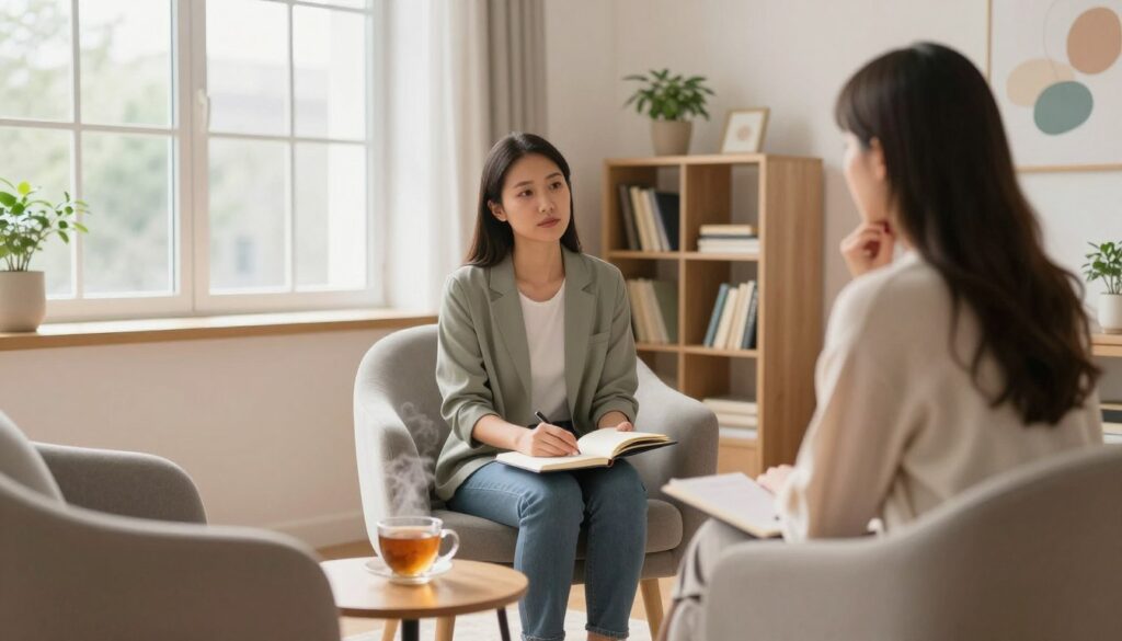 A serene therapy room with calming pastel colors and warm, natural light filtering through a large window. In the foreground, a comfortable armchair is positioned beside a small table featuring a steaming cup of herbal tea and an open notebook. In the middle, a therapist, dressed in smart casual clothing, is attentively listening to a client, seated across from them, who appears contemplative and engaged. The background showcases a bookshelf filled with self-help books, plants adding a touch of nature, and abstract art on the walls that evoke a sense of peace. The atmosphere is supportive and nurturing, embodying the healing journey through psychotherapy. The image captures the essence of hope and personal growth, emphasizing the therapeutic process without any distractions or text. A serene therapy room with calming pastel colors and warm, natural light filtering through a large window. In the foreground, a comfortable armchair is positioned beside a small table featuring a steaming cup of herbal tea and an open notebook. In the middle, a therapist, dressed in smart casual clothing, is attentively listening to a client, seated across from them, who appears contemplative and engaged. The background showcases a bookshelf filled with self-help books, plants adding a touch of nature, and abstract art on the walls that evoke a sense of peace. The atmosphere is supportive and nurturing, embodying the healing journey through psychotherapy. The image captures the essence of hope and personal growth, emphasizing the therapeutic process without any distractions or text.