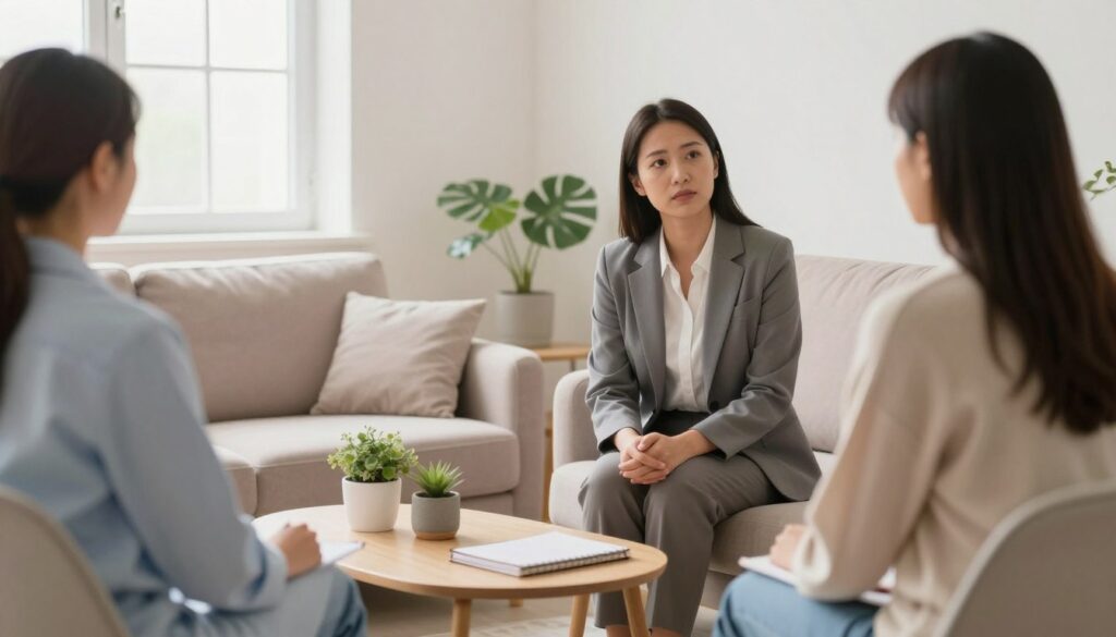 A serene therapy session taking place in a bright and inviting room. In the foreground, a therapist and a client are seated comfortably across from each other, conveying a sense of openness and trust. The therapist, dressed in professional business attire, is attentively listening while the client, in modest casual clothing, appears reflective and engaged. In the middle, a soft couch and a small coffee table with calming objects like a plant and a journal create a welcoming atmosphere. The background features large windows allowing natural light to flood the room, with gentle pastel colors on the walls that evoke tranquility. The scene conveys a mood of hope and support, emphasizing the journey of healing from depression without medication. Soft, diffuse lighting enhances the calming ambience.