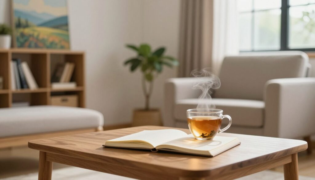 A serene, tranquil therapy room, softly lit with natural light filtering through large windows, creating a warm, inviting atmosphere. In the foreground, a wooden coffee table with an open notebook and a steaming cup of herbal tea, symbolizing mindfulness and introspection. In the middle ground, a comfortable armchair positioned next to a small plant, representing a nurturing environment for emotional healing. The background features a bookshelf lined with self-help books and a calming landscape painting on the wall, emphasizing hope and recovery. The overall mood is peaceful and encouraging, reflecting the step-by-step process of treating endogenous depression through medication, therapy, and supportive methods. Capture this scene with a slight depth of field, focusing on the details of the table while softly blurring the background for a cozy, intimate feel.