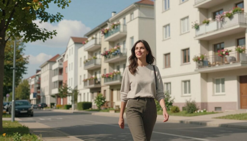 A serene urban environment reflecting a contemporary residential area. In the foreground, a stylish woman representing Irena Santor, dressed in modest casual clothing, strolling thoughtfully along a tree-lined street. Her appearance is graceful, with a gentle smile, embodying warmth. In the middle ground, elegant apartment buildings with balconies adorned by flowers, suggesting a calm and artistic lifestyle. The background features bright blue skies and soft clouds, illuminating the scene with natural light, casting warm shadows. The atmosphere is inviting and tranquil, capturing a sense of daily life while maintaining a respectful distance. The composition is framed with a slight depth of field, focusing on the woman while softly blurring the background.