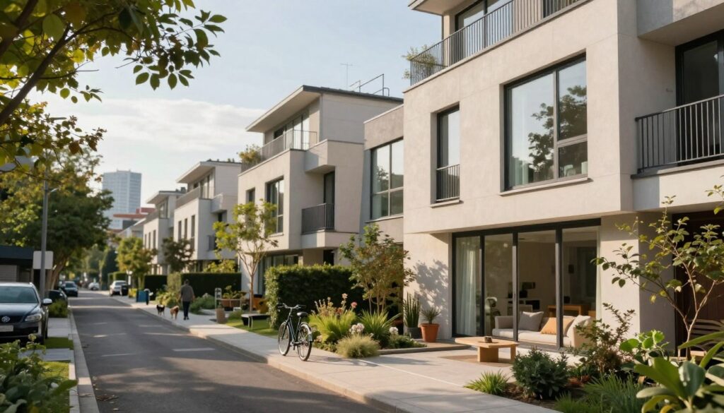 A serene urban landscape depicting a contemporary residential area, reflecting the lifestyle of Robert Gadocha. In the foreground, a stylish modern house with large windows surrounded by greenery and a small garden, showcasing a comfortable living space. In the middle ground, a quiet street lined with trees, with a bicycle parked nearby and a hint of city life, such as a passerby walking a dog. In the background, a subtly blurred view of city skyline buildings under a soft blue sky, conveying a peaceful atmosphere. The image is illuminated by warm, natural sunlight, creating a welcoming and inviting scene. Capture the essence of contemporary living while maintaining a sense of privacy and tranquility.