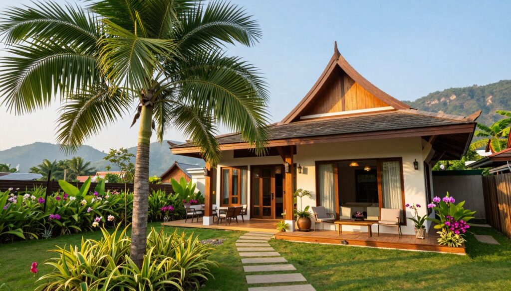 A serene view of a modern Thai house set in a lush tropical landscape, embodying the peaceful lifestyle of Jerzy Kryszak. In the foreground, vibrant green palm trees sway gently, while a small stone pathway leads to the elegant entrance of the house, characterized by wooden elements and large glass windows. The middle ground features an inviting terrace with comfortable outdoor furniture, surrounded by colorful orchids and tropical plants. In the background, distant mountains under a clear blue sky complete the picturesque scene. The lighting is warm, suggesting a late afternoon glow, with soft shadows enhancing the tranquility of the atmosphere. The overall mood is peaceful and inviting, reflecting a harmonious blend of nature and contemporary architecture.