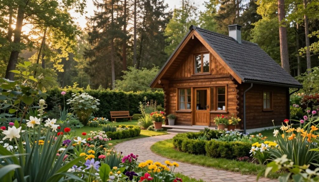 A serene view of a picturesque home nestled in a peaceful forest environment, representing where Bogusław Wołoszański might live. In the foreground, a cozy wooden cottage with a sloping roof and large windows, surrounded by vibrant blooming flowers and lush greenery. In the middle ground, a tranquil garden path leads to the entrance, with well-kept hedges and a small wooden bench. In the background, tall trees filter soft sunlight, creating a warm and inviting atmosphere. The scene is captured during golden hour, with warm, natural lighting enhancing the colors of the environment. The mood is calm and reflective, ideal for showcasing the private life of a public figure. No people are present, focusing solely on the dwelling and nature.