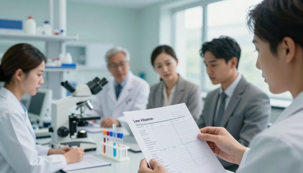 A serene, well-lit medical laboratory scene showcasing a close-up of a blood test result, prominently displaying low vitamin levels related to mood and depression. In the foreground, a diverse group of professionals in smart business attire examines the test results with focused expressions. The middle ground features laboratory equipment like microscopes and test tubes, emphasizing the scientific analysis of vitamins. The background depicts calming colors with soft blue and green tones, evoking a sense of hope and clarity. Natural light filters through large windows, creating a bright and inviting atmosphere. The overall mood is informative and reassuring, representing the journey of understanding vitamin deficiency and its impact on mental health.
