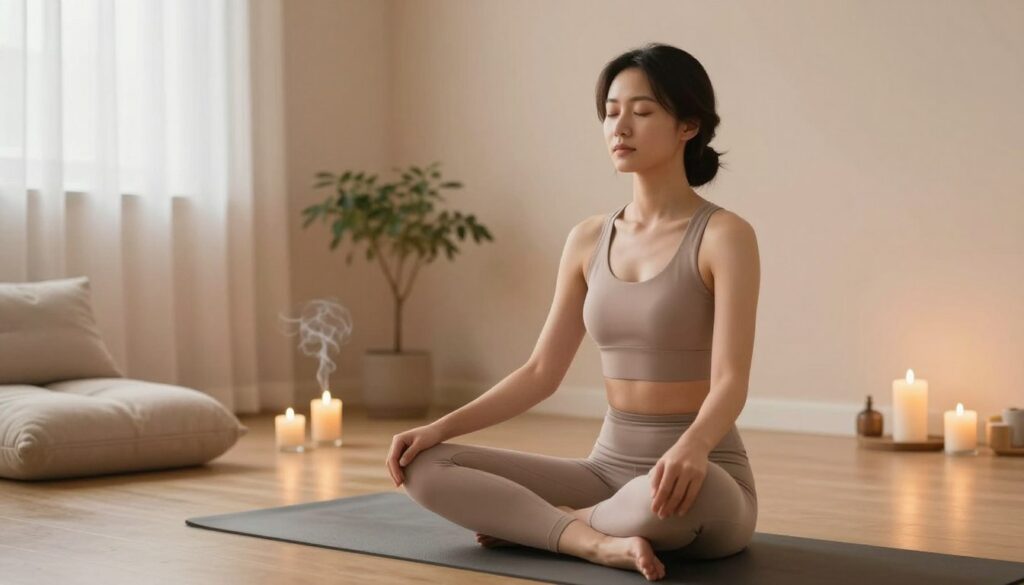 A serene wellness space designed for muscle relaxation, featuring a person in comfortable, modest athletic wear practicing progressive muscle relaxation techniques. In the foreground, the individual is sitting cross-legged on a yoga mat, with a peaceful expression, eyes closed, reflecting deep concentration. The middle ground includes calming elements like soft cushions, aromatherapy candles emitting gentle wisps of calming scents, and a small indoor plant to bring nature indoors. The background shows warm, diffused lighting creating a cozy atmosphere, with soft pastel colors on the walls. A subtle hint of sunlight filters through sheer curtains, enhancing the tranquil mood, while a gentle breeze moves the curtains slightly, adding to the feeling of serenity and peace. A serene wellness space designed for muscle relaxation, featuring a person in comfortable, modest athletic wear practicing progressive muscle relaxation techniques. In the foreground, the individual is sitting cross-legged on a yoga mat, with a peaceful expression, eyes closed, reflecting deep concentration. The middle ground includes calming elements like soft cushions, aromatherapy candles emitting gentle wisps of calming scents, and a small indoor plant to bring nature indoors. The background shows warm, diffused lighting creating a cozy atmosphere, with soft pastel colors on the walls. A subtle hint of sunlight filters through sheer curtains, enhancing the tranquil mood, while a gentle breeze moves the curtains slightly, adding to the feeling of serenity and peace.