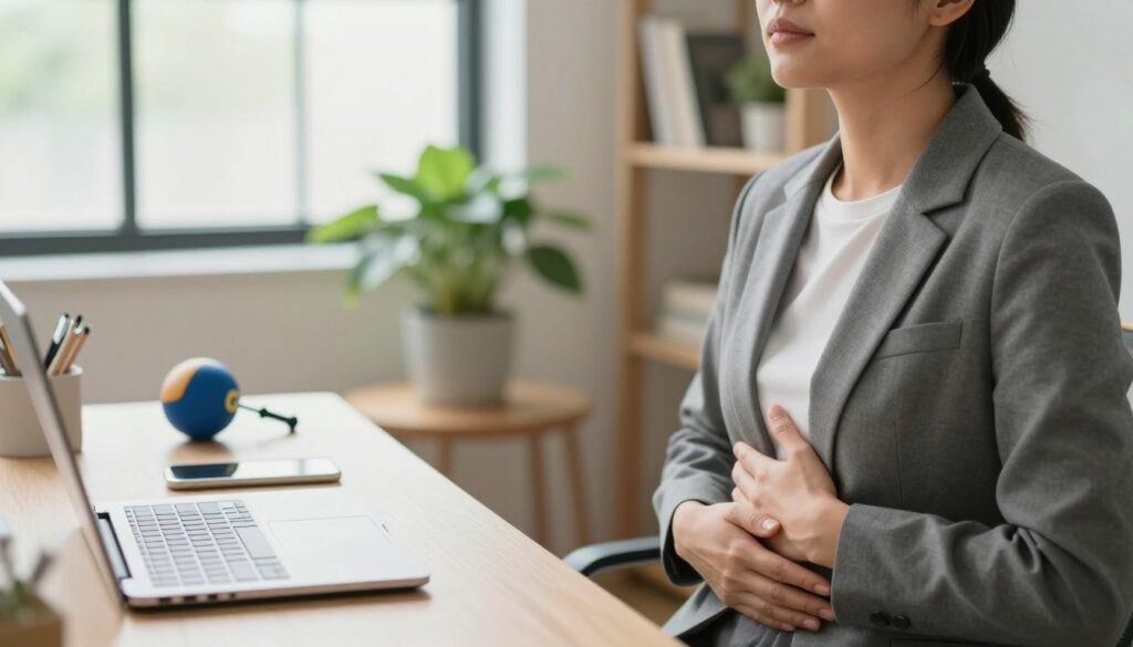 A serene workspace setting with a soft, natural light filtering through a window, creating a calm atmosphere. In the foreground, a person in professional attire sits at a desk, practicing a breathing technique. They are depicted in profile, with a focus on their relaxed expression and hands positioned on their abdomen to illustrate controlled breathing. In the middle ground, a small table is set with tools for stress relief, such as a journal and a stress ball. The background shows a peaceful indoor plant and a minimalist bookshelf, enhancing the tranquil vibe. The overall mood is one of harmony and focus, ideal for highlighting effective breathing techniques for stress management.