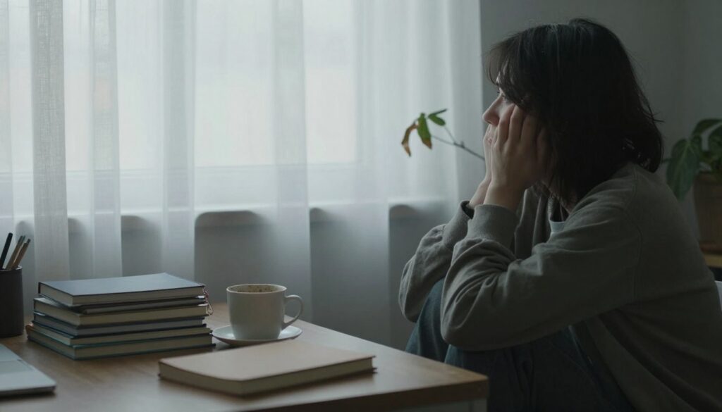 A serene yet contemplative indoor scene illustrating the subtle signs of depression relapse. In the foreground, a person in modest casual clothing sits at a table, gazing pensively out a window, their body language reflecting introspection and concern. The middle ground features soft, diffused light filtering through sheer curtains, casting gentle shadows, and emphasizing a scattered collection of journals and a half-empty coffee cup, symbolizing neglect and isolation. In the background, a plant wilts slightly, subtly representing fading hope. The atmosphere is quiet and reflective, with muted colors creating a sense of calm, yet underlying tension, capturing the delicate balance between awareness and denial regarding mental health. A serene yet contemplative indoor scene illustrating the subtle signs of depression relapse. In the foreground, a person in modest casual clothing sits at a table, gazing pensively out a window, their body language reflecting introspection and concern. The middle ground features soft, diffused light filtering through sheer curtains, casting gentle shadows, and emphasizing a scattered collection of journals and a half-empty coffee cup, symbolizing neglect and isolation. In the background, a plant wilts slightly, subtly representing fading hope. The atmosphere is quiet and reflective, with muted colors creating a sense of calm, yet underlying tension, capturing the delicate balance between awareness and denial regarding mental health.