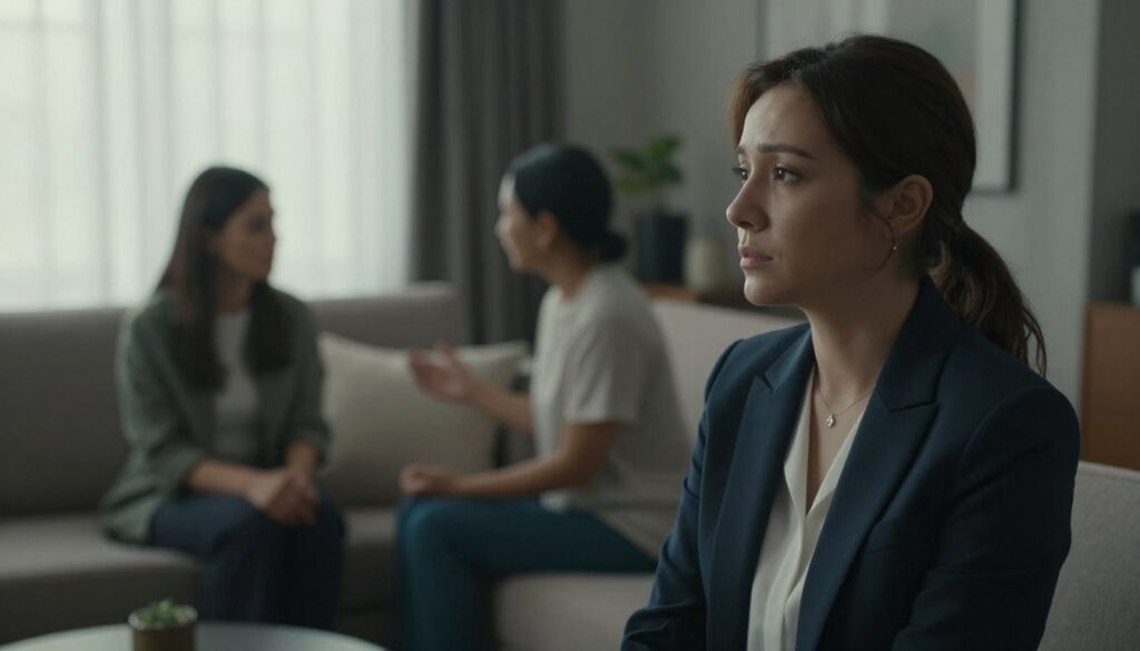 A serene yet emotionally charged scene depicting the themes of infidelity and relationship dynamics among women. In the foreground, a woman in professional attire, deep in thought, gazes out a window with a contemplative expression. In the middle, a blurred image of a couple in discussion, conveying tension and unresolved issues. The background features a softly lit living room with muted colors, reflecting a sense of intimacy but also distance. Natural light filters through sheer curtains, creating gentle shadows that enhance the mood. The atmosphere is one of introspection and complexity, inviting viewers to explore the underlying reasons for betrayal in relationships. The composition is balanced, using a soft focus effect to emphasize emotions while maintaining a respectful and professional tone. A serene yet emotionally charged scene depicting the themes of infidelity and relationship dynamics among women. In the foreground, a woman in professional attire, deep in thought, gazes out a window with a contemplative expression. In the middle, a blurred image of a couple in discussion, conveying tension and unresolved issues. The background features a softly lit living room with muted colors, reflecting a sense of intimacy but also distance. Natural light filters through sheer curtains, creating gentle shadows that enhance the mood. The atmosphere is one of introspection and complexity, inviting viewers to explore the underlying reasons for betrayal in relationships. The composition is balanced, using a soft focus effect to emphasize emotions while maintaining a respectful and professional tone.
