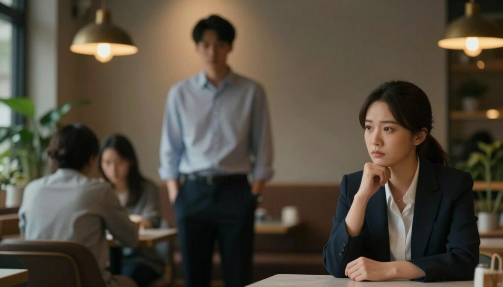 A serene yet emotionally charged scene that conveys the complexity of suspicion and conversations around betrayal. In the foreground, a woman in professional attire, with a thoughtful expression, sits alone at a cozy café table, her hands clasped together. In the middle, a blurred silhouette of a man in a crisp shirt, standing off to the side, casting a shadow that suggests distance and uncertainty. The background features warm, soft lighting from overhead lamps, creating an intimate atmosphere, while hints of patrons and soft greenery provide depth. The overall mood is reflective and emotional, capturing the weight of the moment as she prepares to confront her partner about her suspicions.