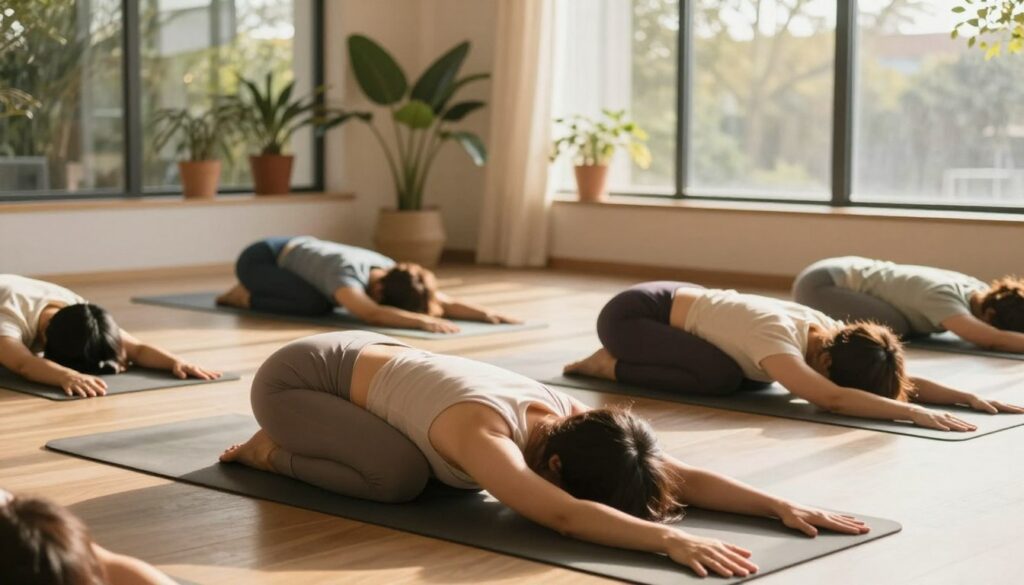 A serene yoga studio bathed in soft, warm sunlight filtering through large windows. In the foreground, a person in modest, comfortable yoga attire demonstrates a calming pose, such as Child's Pose, showcasing relaxation and mindfulness. The middle ground features various yoga mats and props, creating an inviting and tranquil environment. In the background, lush potted plants add a touch of nature, enhancing the peaceful atmosphere. The lighting is warm and soft, casting gentle shadows, while the angle captures the harmony of the space. The mood is soothing and meditative, reflecting a step-by-step sequence for stress relief through yoga practice.