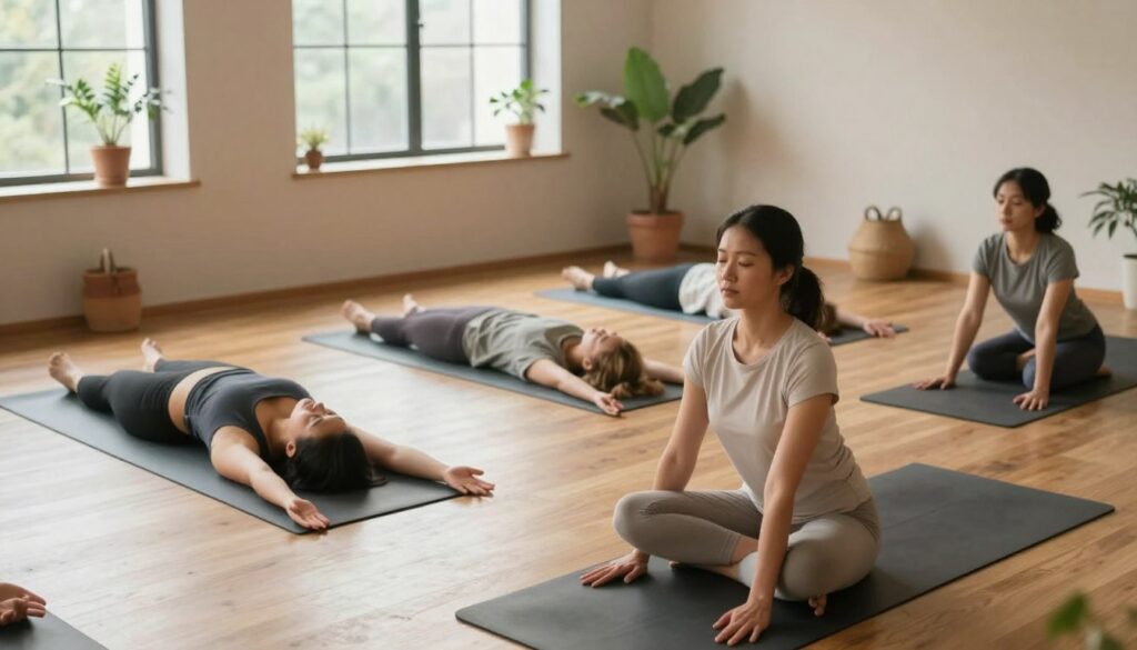 A serene yoga studio with soft natural light filtering through large windows, casting gentle shadows on the wooden floor. In the foreground, a thoughtful instructor dressed in modest, professional attire is demonstrating a calming yoga pose, embodying relaxation and safety. In the middle ground, various students of diverse backgrounds and ages are practicing yoga with focused expressions, showcasing a sense of peace and mindfulness. The background features potted plants and calming, earthy decor that enhances the tranquil atmosphere. The overall mood is peaceful and reflective, emphasizing the importance of safe practice and self-awareness during yoga. The angle is slightly elevated to capture the spaciousness of the studio and the harmonious alignment of the practitioners.