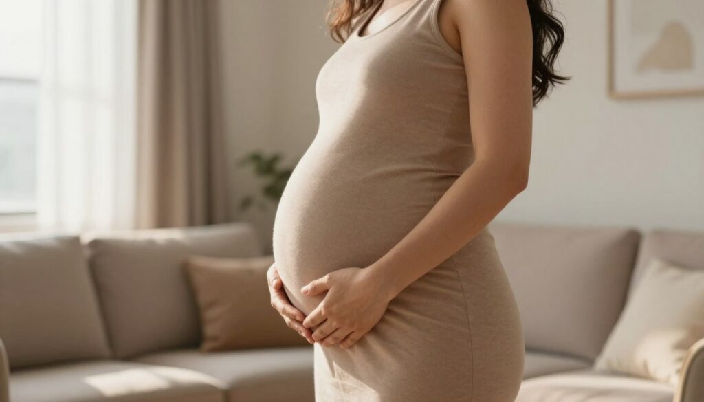 A side profile of a woman in her second trimester of pregnancy, gracefully cradling her prominent baby bump. She is dressed in a modest, fitted maternity dress, highlighting the curviness of her abdomen. The setting is a soft, warm-toned interior, perhaps a cozy living room with gentle natural light streaming through a window. Gentle shadows accentuate her silhouette without harsh contrasts. In the background, there are soft-focus elements like a comfortable couch and a few baby items, suggesting anticipation and nurturing. The atmosphere is calm and inviting, with a sense of warmth and tender joy. A low-angle shot enhances her figure's prominence while keeping the scene intimate and relatable.