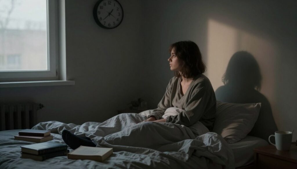 A solitary figure sits on a bed in a dimly lit room, surrounded by shadows that convey a sense of isolation and stillness. The person is dressed in modest casual clothing, with a contemplative expression, gazing towards the window where soft, low light filters in, casting gentle reflections on the walls. In the foreground, disheveled blankets and scattered books symbolize neglect and inactivity, while an empty coffee cup lies nearby. In the middle ground, a clock on the wall shows irregular hours, suggesting a disrupted daily rhythm. The background features muted colors that evoke melancholy, enhancing the overall atmosphere of solitude and introspection. The composition strikes a balance between realism and emotional depth, inviting viewers to reflect on the impact of isolation during depression. A solitary figure sits on a bed in a dimly lit room, surrounded by shadows that convey a sense of isolation and stillness. The person is dressed in modest casual clothing, with a contemplative expression, gazing towards the window where soft, low light filters in, casting gentle reflections on the walls. In the foreground, disheveled blankets and scattered books symbolize neglect and inactivity, while an empty coffee cup lies nearby. In the middle ground, a clock on the wall shows irregular hours, suggesting a disrupted daily rhythm. The background features muted colors that evoke melancholy, enhancing the overall atmosphere of solitude and introspection. The composition strikes a balance between realism and emotional depth, inviting viewers to reflect on the impact of isolation during depression.