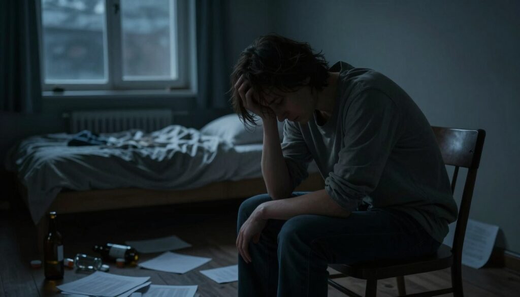 A somber and introspective scene depicting the physical consequences of untreated depression. In the foreground, a figure is seated on a chair, dressed in modest casual clothing, with a weary expression and slumped shoulders, suggesting fatigue and emotional burden. In the middle ground, a dimly lit room filled with scattered papers, empty bottles, and an unmade bed, illustrating neglect. The background shows a window with darkened skies, emitting a faint, diffused light that casts long shadows, enhancing the melancholic mood. The overall atmosphere should convey a sense of weight and heaviness, symbolizing the strain depression places on both the mind and body, while avoiding dramatization. The image should be thoughtful and reflective, focusing on the impact rather than sensationalism. A somber and introspective scene depicting the physical consequences of untreated depression. In the foreground, a figure is seated on a chair, dressed in modest casual clothing, with a weary expression and slumped shoulders, suggesting fatigue and emotional burden. In the middle ground, a dimly lit room filled with scattered papers, empty bottles, and an unmade bed, illustrating neglect. The background shows a window with darkened skies, emitting a faint, diffused light that casts long shadows, enhancing the melancholic mood. The overall atmosphere should convey a sense of weight and heaviness, symbolizing the strain depression places on both the mind and body, while avoiding dramatization. The image should be thoughtful and reflective, focusing on the impact rather than sensationalism.