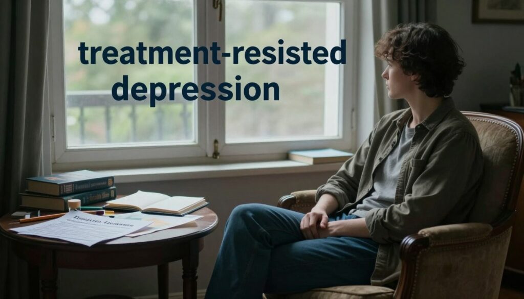 A somber and reflective scene illustrating "treatment-resistant depression." In the foreground, a lone figure sits on a vintage armchair, dressed in modest casual clothing, looking contemplatively out of a large window. The middle ground features a table with various mental health resources, such as books and therapy session notes, art supplies strewn about, symbolizing the struggle and ongoing search for solutions. The background reveals a muted room bathed in soft, diffused natural light streaming in through the window, with hint of greenery outside to suggest hope. The atmosphere is heavy yet introspective, evoking a sense of resilience in the face of adversity, capturing the essence of coping with treatment-resistant depression.