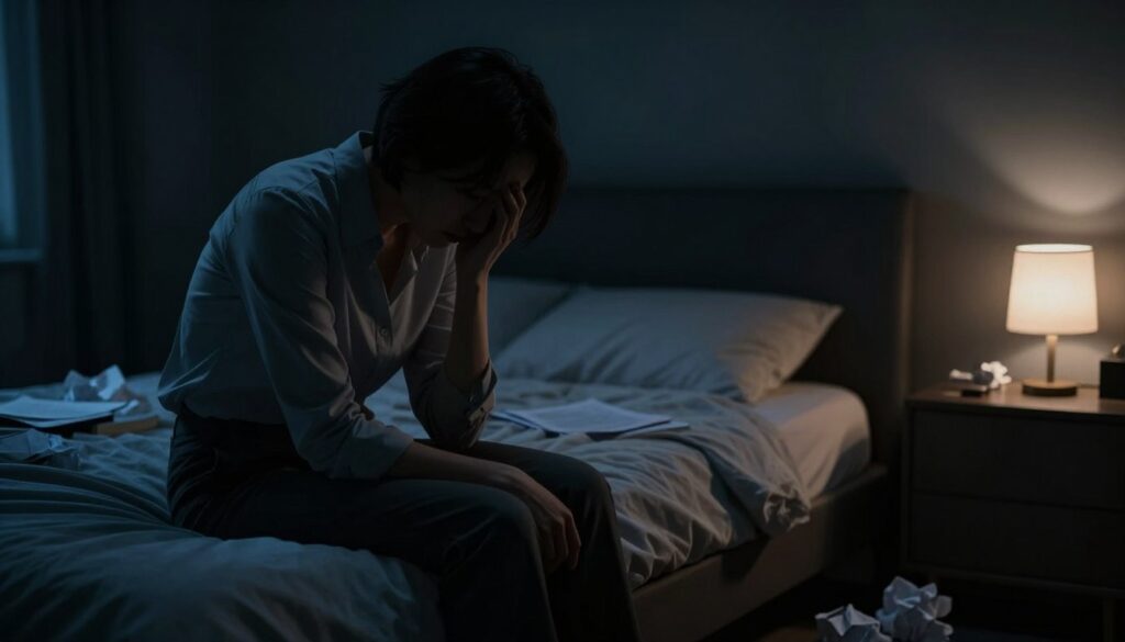 A somber, atmospheric scene depicting the internal struggle of a person experiencing psychotic depression. In the foreground, a figure sits on the edge of a dimly lit bed, their face partially obscured in shadow, wearing modest, professional attire. The middle ground features blurred personal items scattered around the room, representing chaos and confusion, such as crumpled papers and a dimly glowing lamp. In the background, dark walls create an oppressive feeling, with faint shapes suggesting distorted thoughts. Soft, cold lighting enhances the melancholic mood, casting long shadows that evoke a sense of isolation and despair. The overall atmosphere captures the heaviness of psychotic depression, emphasizing the difference from schizophrenia through the portrayal of emotional turmoil rather than visual hallucinations. A somber, atmospheric scene depicting the internal struggle of a person experiencing psychotic depression. In the foreground, a figure sits on the edge of a dimly lit bed, their face partially obscured in shadow, wearing modest, professional attire. The middle ground features blurred personal items scattered around the room, representing chaos and confusion, such as crumpled papers and a dimly glowing lamp. In the background, dark walls create an oppressive feeling, with faint shapes suggesting distorted thoughts. Soft, cold lighting enhances the melancholic mood, casting long shadows that evoke a sense of isolation and despair. The overall atmosphere captures the heaviness of psychotic depression, emphasizing the difference from schizophrenia through the portrayal of emotional turmoil rather than visual hallucinations.