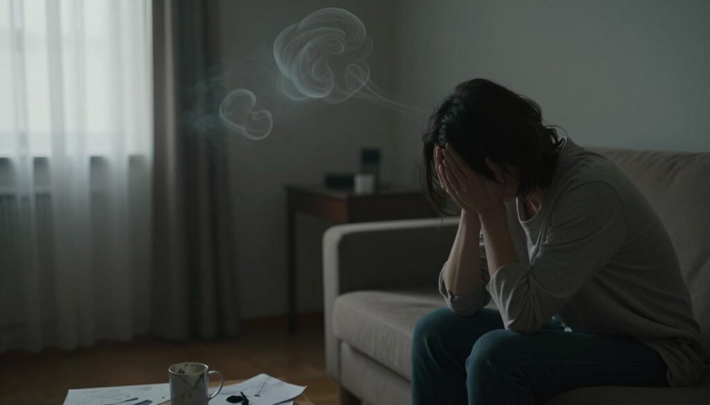 A somber indoor scene depicting the emotional symptoms of depression. In the foreground, a figure dressed in modest casual clothing sits hunched on a couch, looking down with a vacant expression, embodying feelings of sadness and isolation. In the middle, a small, dimly lit room with muted colors, scattered personal items symbolizing neglect, such as an untouched mug and crumpled papers. Natural light filters in through partially closed curtains, casting soft shadows and creating a melancholic atmosphere. In the background, an abstract representation of thoughts and worries swirling around, visible as faint, fog-like shapes. The overall mood is heavy and reflective, capturing the essence of a depressive episode experienced by individuals and observed by their loved ones.