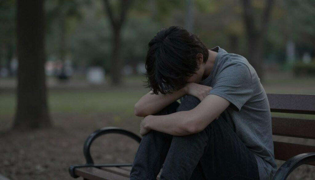 A somber, introspective scene depicting a person sitting on a park bench in a dimly lit environment, expressing a sense of vulnerability and contemplation. The foreground features a young adult, dressed in modest casual clothing, with their head slightly bowed and arms wrapped around their knees, embodying a feeling of isolation. The middle ground includes blurred trees and gentle, muted colors, creating a serene yet melancholic atmosphere. In the background, soft, diffused lighting filters through the leaves, symbolizing hope amidst despair. The overall mood is one of quiet reflection and emotional weight, conveying the seriousness of mental health struggles without depicting explicit actions or imagery. The composition should be shot from a slightly elevated angle, emphasizing the person's solitude while maintaining a respectful distance. A somber, introspective scene depicting a person sitting on a park bench in a dimly lit environment, expressing a sense of vulnerability and contemplation. The foreground features a young adult, dressed in modest casual clothing, with their head slightly bowed and arms wrapped around their knees, embodying a feeling of isolation. The middle ground includes blurred trees and gentle, muted colors, creating a serene yet melancholic atmosphere. In the background, soft, diffused lighting filters through the leaves, symbolizing hope amidst despair. The overall mood is one of quiet reflection and emotional weight, conveying the seriousness of mental health struggles without depicting explicit actions or imagery. The composition should be shot from a slightly elevated angle, emphasizing the person's solitude while maintaining a respectful distance.