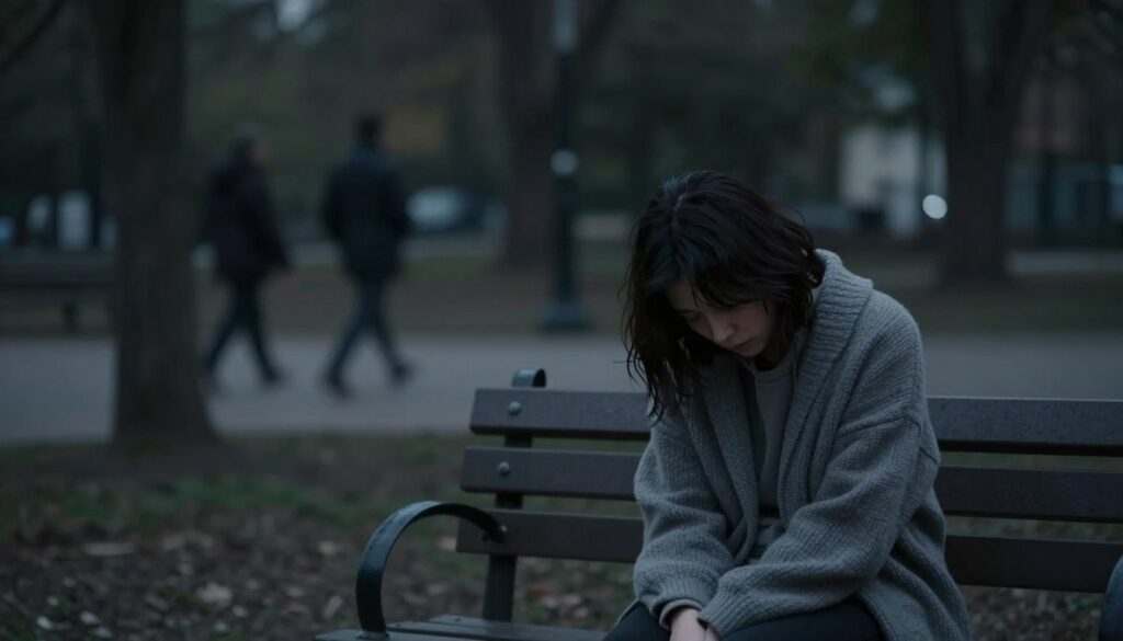 A somber, introspective scene depicting the symptoms of depression in a visually striking way. In the foreground, a person sitting alone on a park bench, with a distant, lost expression, wearing cozy yet informal clothing. Their posture is slumped, conveying a sense of heaviness. In the middle ground, a blurred background of dark, overcast trees and shadowy figures walking by, symbolizing the feeling of isolation. Soft, diffused lighting creates a melancholic atmosphere, highlighting the emotional weight of the moment. A shallow depth of field focuses on the individual while the background fades out, emphasizing their solitude. The overall mood is reflective and poignant, evoking empathy and understanding of the hidden struggles associated with depression.