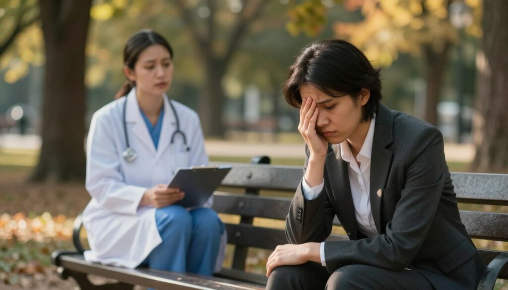 A somber, introspective scene illustrating the concept of somatic symptoms in the context of anxiety and depression. In the foreground, a person dressed in professional business attire sits on a park bench, their expression a mix of concern and contemplation. The middle ground features a blurred representation of a healthcare professional observing, symbolizing the journey of seeking help. In the background, a quiet park with soft autumn colors, sunlight filtering through the trees, creates a serene atmosphere. The lighting is soft and warm, casting gentle shadows that enhance the mood of reflection and uncertainty. This image encapsulates the complexity of distinguishing between mental and physical ailments, while maintaining a respectful and professional tone.