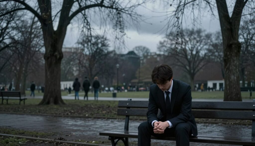 A somber, introspective scene that captures the essence of depression, featuring a solitary figure sitting on a bench in a dimly lit park. The foreground presents a young adult in professional attire, their posture slumped and gaze directed downwards, reflecting deep contemplation. In the middle ground, the park is surrounded by lifeless trees with drooping branches, shadowed by a cloudy sky that hints at an impending rain, creating a heavy atmosphere. The background shows blurred silhouettes of distant, disinterested passersby, reinforcing feelings of isolation. The lighting is soft and muted, casting gentle shadows that enhance the melancholic mood. This scene embodies the key signals of depression, distinguishing it from a mere mood drop.
