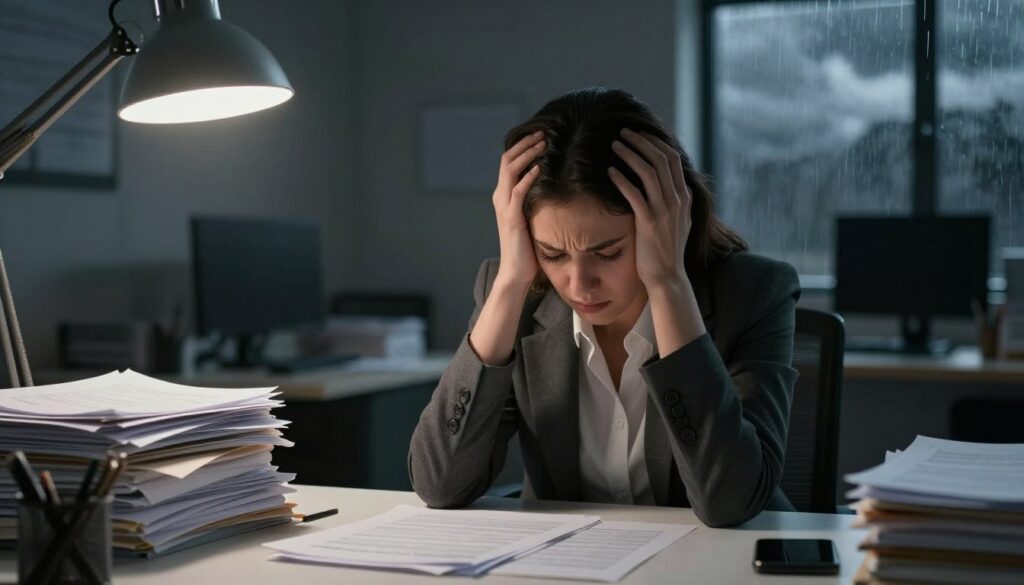 A somber office environment reflecting chronic stress, with a central figure, a professional woman in business attire, looking overwhelmed and fatigued, surrounded by piles of paperwork and a cluttered desk. The foreground features a close-up of her hands gripping her head in frustration. In the middle ground, a dimly lit office with a flickering overhead light, adding to the oppressive atmosphere. In the background, a window showing dark clouds and rain, symbolizing turmoil. The color palette is muted with shades of gray and blue, creating a sense of heaviness. The overall mood is tense and melancholic, highlighting the burden of chronic stress without any text or distractions.