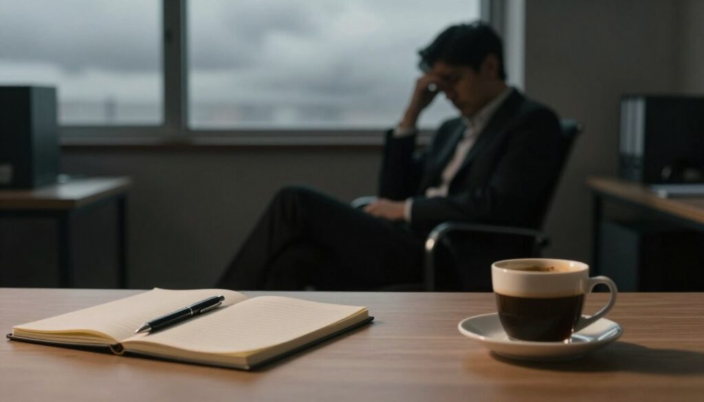 A somber office space with a single desk illuminated by soft, warm lighting, highlighting a closed notebook with a pen, symbolizing thoughts left unexpressed. In the foreground, a cup of cold coffee sits untouched, conveying neglect and loneliness. In the middle ground, a silhouette of a person sits slumped in a chair, their posture reflecting despair, dressed in professional business attire. The background features a cloudy window, with muted colors suggesting a dreary atmosphere, casting a shadow over the scene. The mood is heavy and introspective, evoking feelings of sadness and the weight of unaddressed mental health issues. The overall composition emphasizes solitude and the urgent need for awareness of depression symptoms, while maintaining a respectful and professional tone.