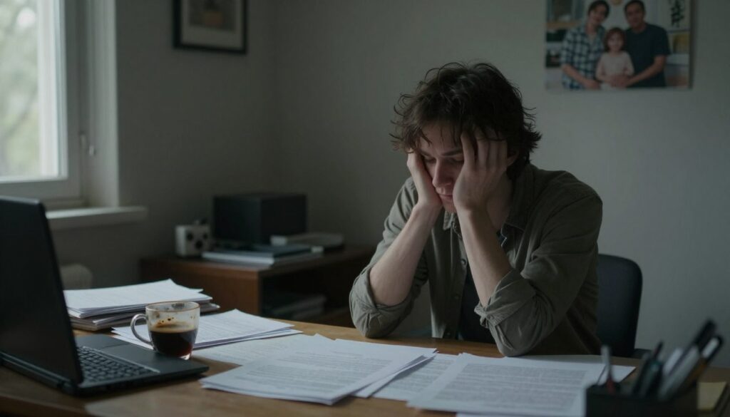 A somber person sitting alone at a cluttered desk in a dimly lit home office, wearing modest casual clothing. Their expression is pensive and withdrawn, reflecting the weight of depression. The foreground includes disorganized papers and a half-finished cup of coffee, symbolizing neglect. In the middle, there's a muted light filtering in from a window, casting long shadows across the room, enhancing the melancholic atmosphere. In the background, a faded family photo hangs on the wall, hinting at lost connections and relationships. The overall mood is reflective and introspective, capturing the isolation and emotional burden associated with daily life for someone struggling with depression. Soft focus and a slight vignette add to the sense of heaviness.