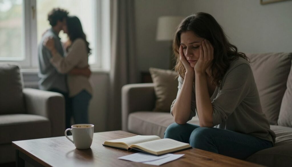 A somber, reflective scene depicting a woman sitting alone in a softly lit living room. She wears modest casual clothing, her expression conveying a mix of sadness and contemplation. In the foreground, a coffee table is adorned with an open journal, an empty coffee cup, and a crumpled letter, symbolizing emotional turmoil. The middle ground features a partially open window, allowing muted light to stream in, casting gentle shadows. In the background, a blurred image of a couple in a warm embrace highlights the theme of betrayal and emotional distance, contrasting with the woman's isolation. The atmosphere is heavy with introspection, capturing the complexity of reactions to infidelity. The lens is slightly out of focus, enhancing the emotional weight of the scene.