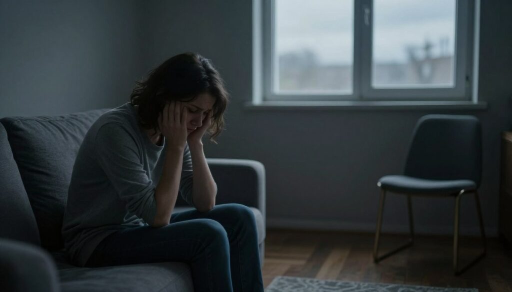A somber room with a dim light casts a melancholic atmosphere, reflecting the struggle of those with depression. In the foreground, a dejected figure sits alone on a gray couch, their posture slumped, dressed in casual but tidy clothing. Their face shows a mix of sadness and contemplation, with downcast eyes and furrowed brows. In the middle space, shadows loom, hinting at feelings of despair, while an empty chair nearby symbolizes unspoken words and missed connections. In the background, a window reveals a dreary, overcast sky, enhancing the mood of isolation. Soft, diffused lighting creates a quiet stillness, emphasizing the heaviness of conversation avoidance. The overall tone should evoke empathy and understanding, highlighting the importance of sensitivity in communication.