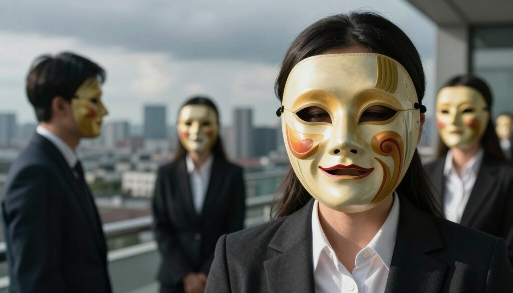 A somber scene portraying the concept of "masks of depression." In the foreground, a close-up of a person wearing a beautifully crafted, ornate mask that reflects a cheerful exterior, while their eyes convey deep sadness and fatigue. The person is dressed in professional business attire, emphasizing the contrast between their appearance and inner turmoil. In the middle ground, blurred figures of individuals in similar masks interact, highlighting the shared struggle of hidden emotions. The background depicts an abstract cityscape under a cloudy sky, evoking a sense of gloom and isolation. Soft, natural lighting filters in, casting delicate shadows that enhance the mood of introspection and melancholy, inviting viewers to reflect on the physical symptoms of depression that often go unnoticed. The image should maintain a professional and respectful atmosphere, without any text or markings.