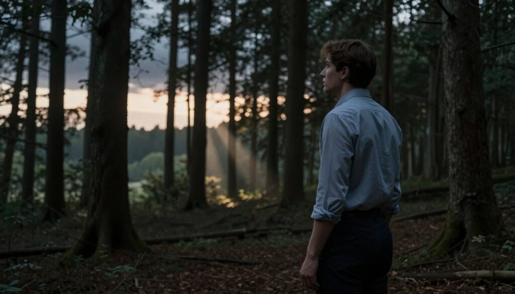 A somber yet hopeful scene depicting a person standing at the edge of a dark forest, symbolizing the struggle with depression. In the foreground, a young adult in modest, professional attire gazes into the dense trees, with a subtle expression of determination and resilience. The middle ground features soft beams of light breaking through the trees, illustrating the idea of hope amidst turmoil. In the background, a gradient sky transitioning from stormy gray to a soft dawn, representing the emotional journey from darkness to light. The lighting should be moody yet captivating, with a focus on contrasts between shadows and light. Capture the atmosphere of introspection and the effort required to overcome challenges, highlighting the weight of the moment.
